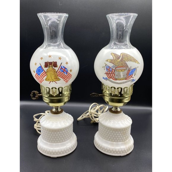 Patriotic Milk Glass HOBNAIL HURRICANE LAMP w/ SHADE- Underwriters Laboratories